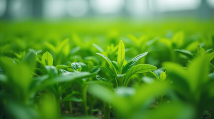 Obraz premium A close-up view of young green plants flourishing in an indoor farming space, promoting sustainable agriculture.
