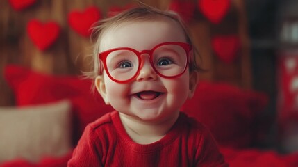 Picture of pretty cute beautiful baby in big stylish red glasses having fun celebrating valentine day generative AI technology