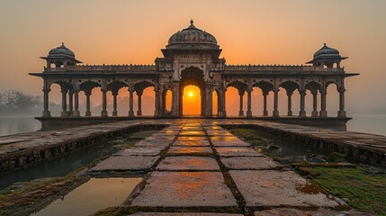 Fototapeta premium Sunrise over ancient stone pavilion on misty water.
