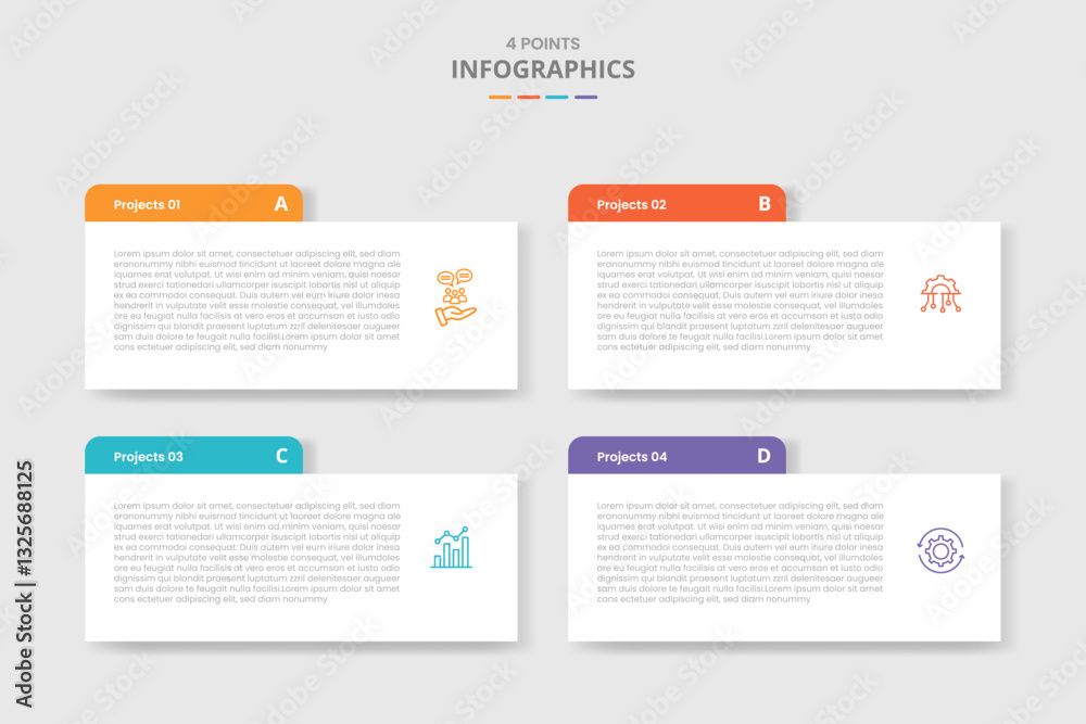 Poster 4 points template infographic with rectangle box with round header badge with drop shadow style with