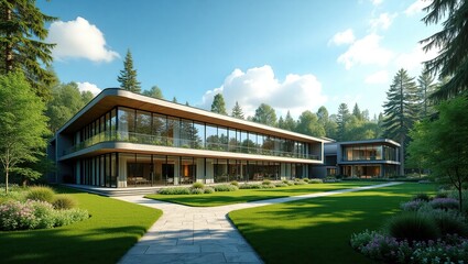 Obraz premium A modern sanatorium nestled in a pine forest, offering peaceful retreats and care for pensioners seeking relaxation and wellness.