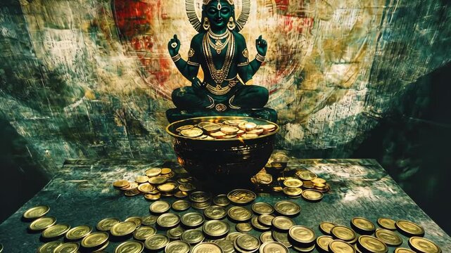 Kubera, the God of Wealth, Sitting on a Treasure of Gold Coins