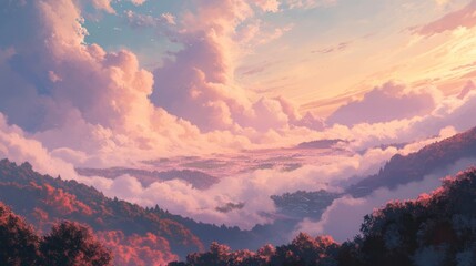 Fototapeta premium Serene Autumnal Valley Sunrise, Cloudscape View