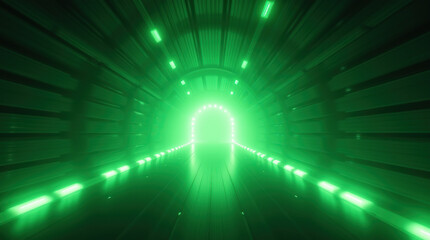 Green light fills the tunnel, creating an abstract, digital energy with a sleek, futuristic vibe.