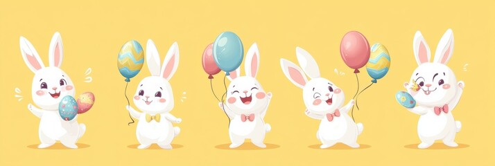 Obraz premium Adorable Easter bunnies with colorful balloons and eggs in cheerful poses