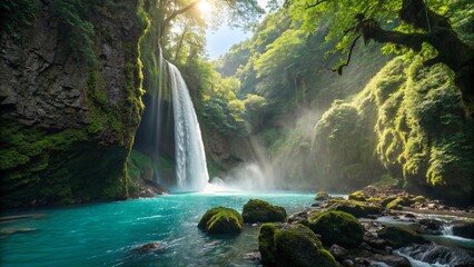 Hidden Tropical Paradise: Majestic Waterfall in a Misty Jungle Oasis