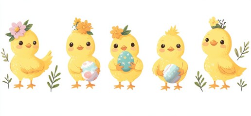 Fototapeta premium Adorable yellow chicks holding Easter eggs and decorated with flower crowns