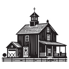 Classic Farmhouse Silhouette with Barnyard Charm Rural Architecture Illustration