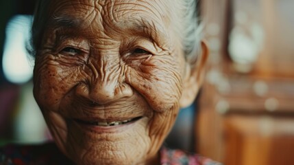Joyful Elderly Woman Smiling with Deep Wrinkles and Warmth