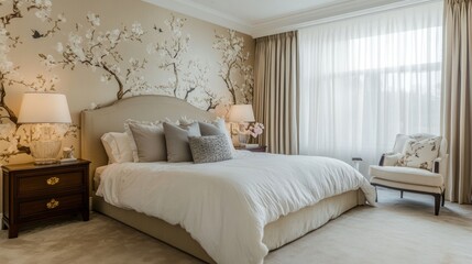 Luxurious bedroom with magnolia wallpaper, comfortable bed, and stylish decor