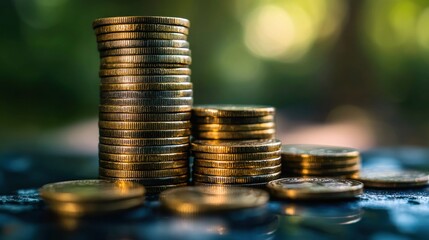Stacks of gold coins arranged on a reflective surface