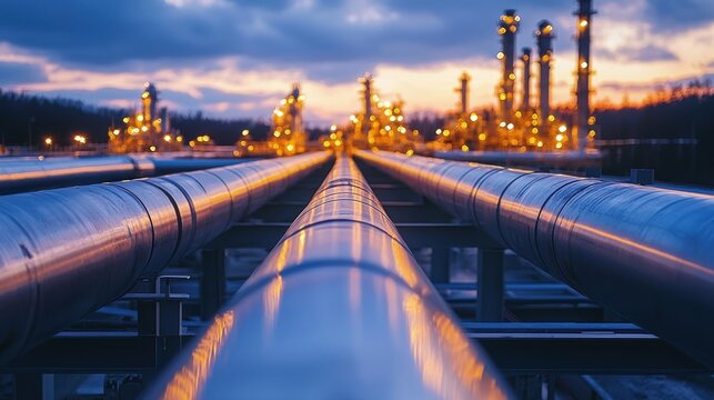 Industrial pipes run to a distant lit up refinery at dusk