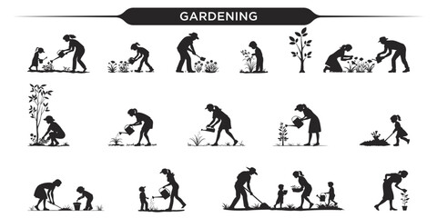 Vector illustration of various people gardening silhouette