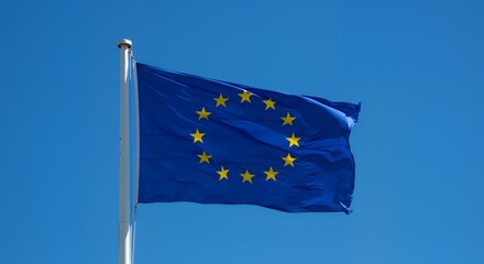 A blue flag with stars is waving gently in the sky