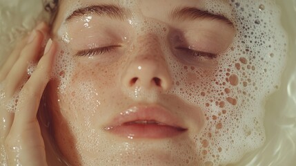 Woman's Face in Bubble Bath, Relaxing, Skincare Routine
