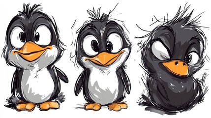 Fototapeta premium Three expressive animated penguins displaying different emotive facial expressions