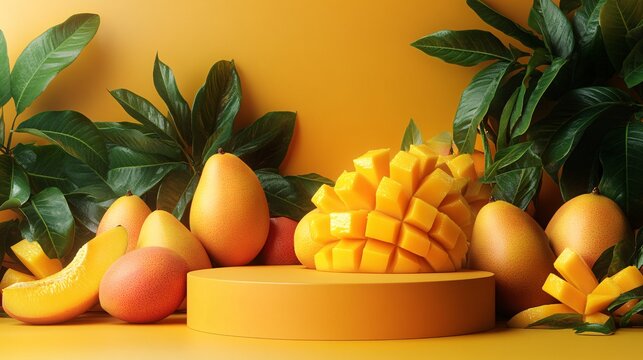 Display of fresh mangoes with leaves and a yellow backdrop