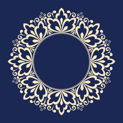 Decorative frame Elegant vector element for design in Eastern style, place for text. Floral golden and dark blue border. Lace illustration for invitations and greeting cards
