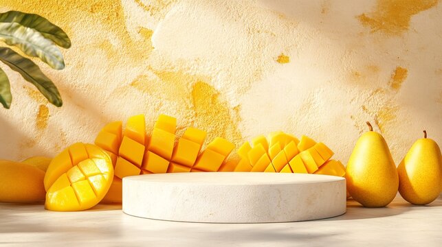 Yellow fruit arrangement with a pedestal and a textured background