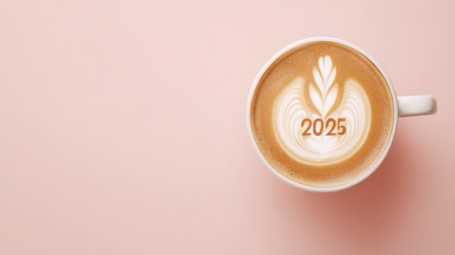 Photo, top view, smooth latte, cup, mug, number 2025 in coffee foam, minimalist style, simple, modern, pastel tones, greeting card, copy space, banner, promotion, branding, top view, digital content.