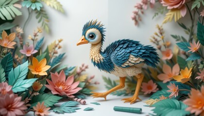 Fototapeta premium Adorable Paper Bird Art in Vibrant Floral Setting Creative Papercraft Animal Design
