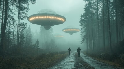 Two figures walk a forest road as UFOs hover in a misty atmosphere.