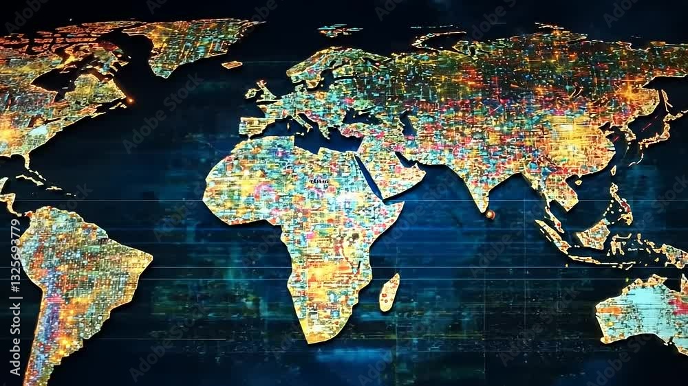 Wall mural colorful digital world map displaying vibrant data patterns against a dark background