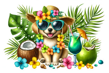 Naklejka premium Cheerful summer puppy wearing oversized sunglasses and a Hawaiian flower lei. Watercolor animal clipart illustration isolated on a white background