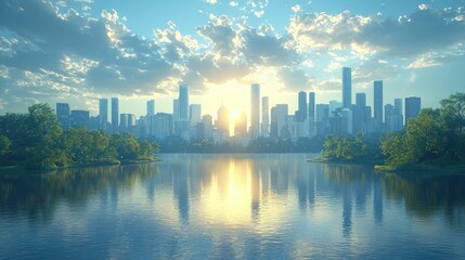 Fototapeta premium Sunrise cityscape reflected in calm lake.