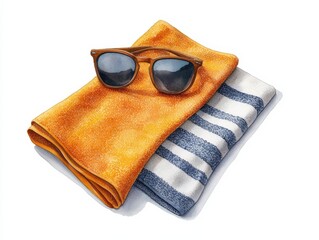 Naklejka premium Two beach towels, one orange and one striped, paired with stylish sunglasses, perfect for summer relaxation and sunbathing.