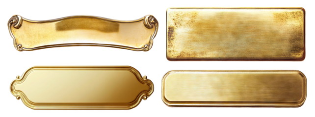 Set of golden nameplates, isolated on transparent cutout background