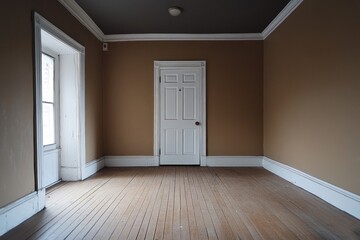 Fototapeta premium Empty room with brown walls, white door, and wood floor.