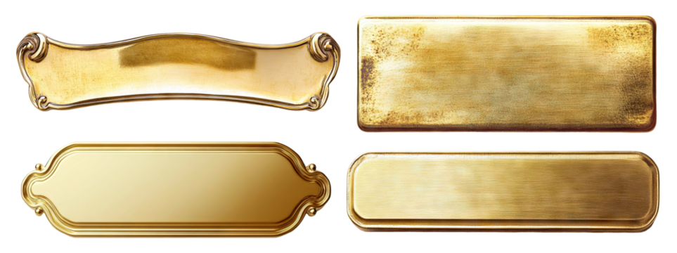 Set of golden nameplates, isolated on transparent cutout background