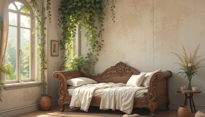 Serene Bedroom Interior Design Wooden Daybed near Window with Greenery