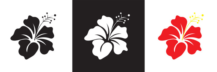 Black, white and red Hibiscus Flower icon. A Simple, Elegant Design Ideal for Beauty, Nature, or Floral-related Branding Projects. Vector illustration. isolated on white and black background. EPS 10