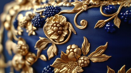 Naklejka premium Intricate gold floral design on a navy cake. Perfect for luxury, wedding, or dessert themes.