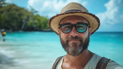A smiling man at a beach wearing sunglasses and a hat