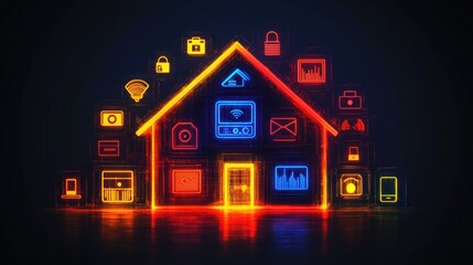 Glowing house graphic depicts modern smart home automation technology