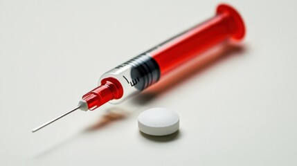 Fototapeta premium Close-up of a medical syringe filled with red liquid alongside a single white tablet on a clean surface, symbolizing healthcare and medicine