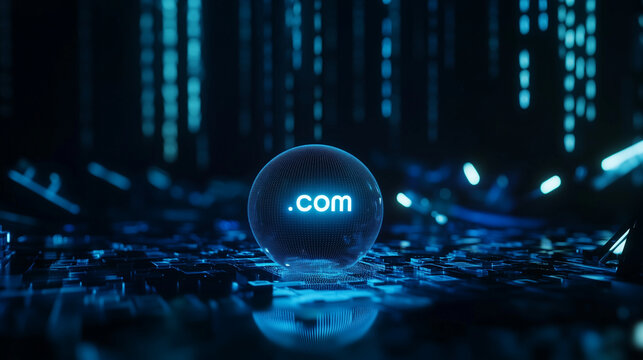 digital image of a glowing blue sphere with .com on it, set against a dark circuit board background with bokeh light effects.