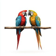 Obraz premium Two colorful parrots perched on a branch, showcasing vibrant feathers and a harmonious bond in a serene setting.