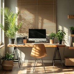 Fototapeta premium Bright and Cozy Home Office with Green Plants and Natural Light