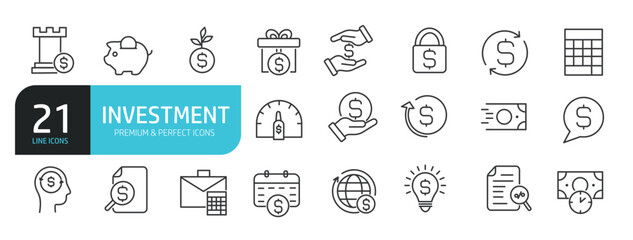 Set of line icons related to Investment, finance, exonomy. Outline icons collection. Editable stroke. Vector illustration