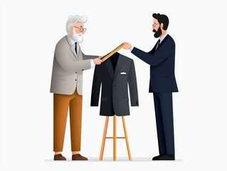 Fototapeta premium Two men engage in tailoring interaction, measuring a suit jacket for a perfect fit in a stylish setting.