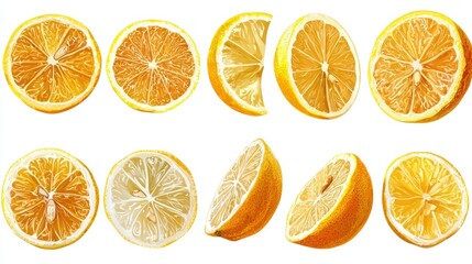 Obraz premium Various slices of juicy lemons are presented in different orientations