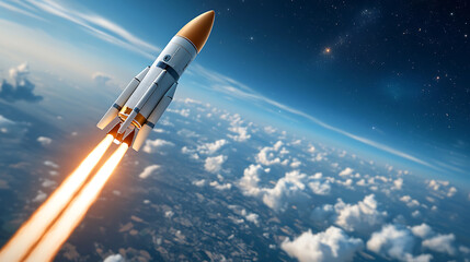 Naklejka premium Advanced ion thruster spacecraft launching beyond earth’s atmosphere outer space digital artwork futuristic environment aerial perspective exploration concept