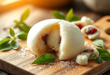 Delicious Mochi dessert with ice cream and green tea leaves