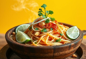 A steaming hot Pad Thai dish in a rustic wooden bowl