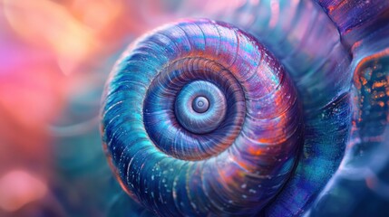 Vibrant Close-up of a Nautilus Shell with Spiral Pattern and Colorful Hues in Magical Light Background for Natural Art and Design Inspiration