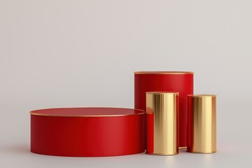 Clean background, luxury product display, 3D red podium, gold.